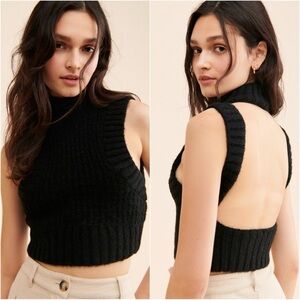 For Love And Lemons Top Dominique Sweater Tank Cropped Open Back Black L NWT New